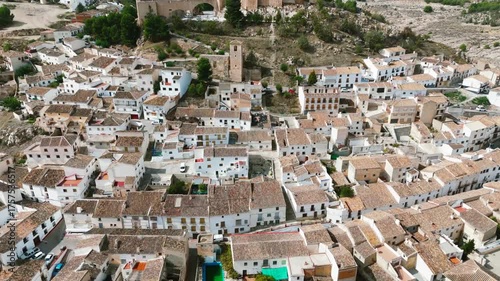 Drone view of Velez-Blanco, picturesque village in province of Almeria, Andalusia, Spain. 16th-century Renaissance castle and cityscape landscape view