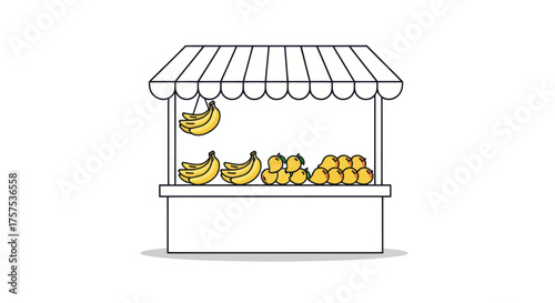 Fruit stand displaying fresh bananas and pineapples under a striped awning.