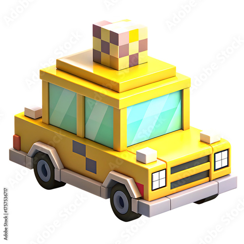 Voxel Retro pixel art yellow taxi cab 3d rendered voxels for gaming and design