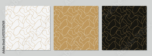 Gold minimalist curved line pattern on white, brown, and black backgrounds. Seamless pattern for printing
