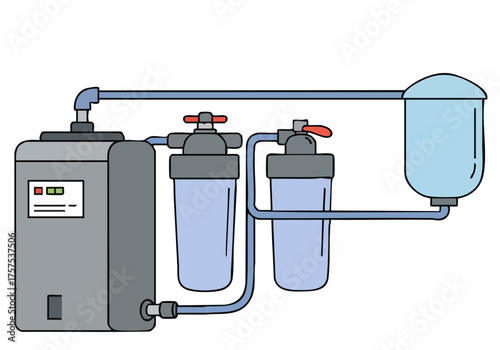 A clean, modern illustration depicts a backup purifier system. Clear lines and blue tubing showcase a compact unit with filter housings. Simple, informative design.