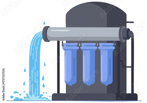 Eco Filter Tech showcases a modern water filtration system with a clear outflow. Clean, professional illustration with a blue background. Ideal for environmental or technology concepts.