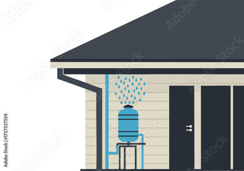 Illustration depicts a rainwater backup tank installed on a house exterior. A clear pipe directs water into the tank, showcasing a practical water storage solution. Clean, modern style.