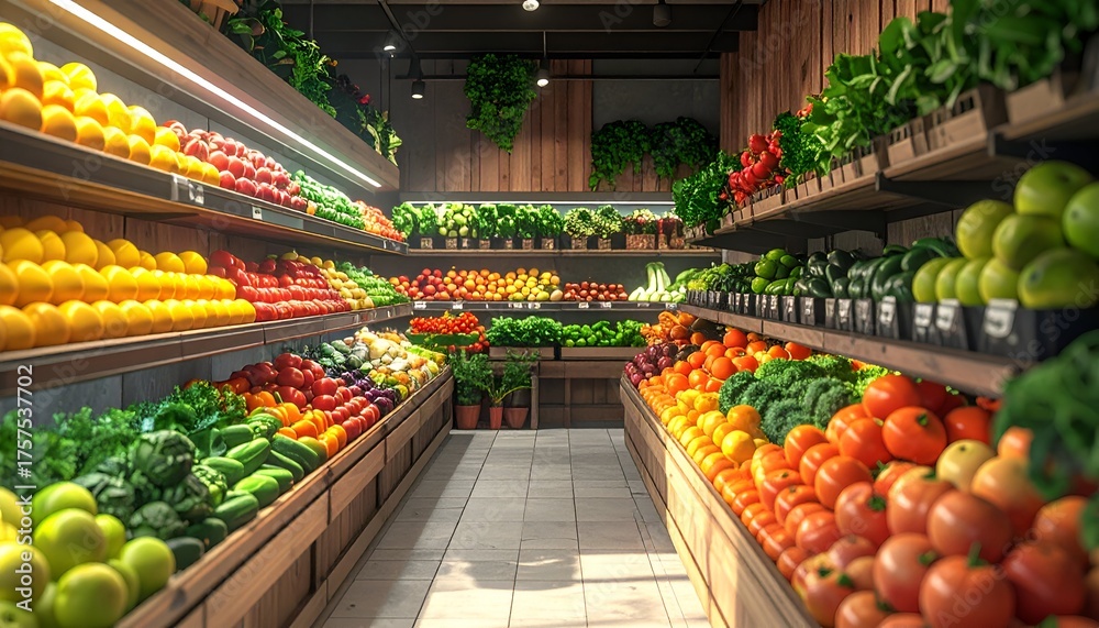 Fototapeta premium Vibrant grocery store filled with fresh fruits and vegetables, showcasing a variety of colors and textures