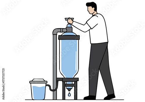 A man troubleshoots a water filter system. Clean lines, modern design, and a focus on functionality. Suitable for business, technology, and DIY themes.