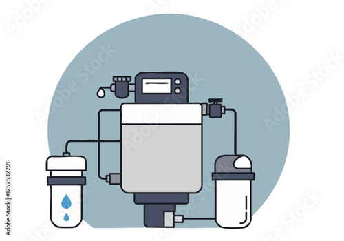 Modern illustration of a water purification system with backup functionality. Clean lines and a minimalist design. Ideal for technology, water treatment, or industrial concepts.