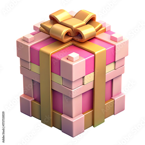 Voxel 3d pixel art gift box wrapped with gold ribbon for celebrations and holidays