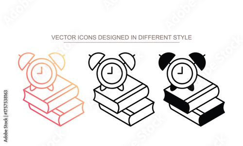 Book and Alarmclock icon set multiple style collection
