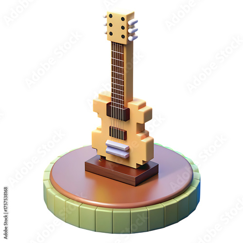 Voxel Pixelated electric guitar trophy on display pedestal vintage style retro game art