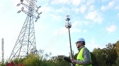 Male engineer maintains a telecommunications tower and power lines. Inspecting 4G and 5G network equipment. Control and maintenance of electrical installations for cellular communications.