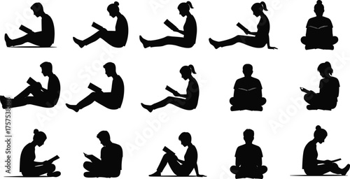Silhouettes of people reading books, diverse sitting postures, educational concept, leisure activity, black figures, isolated on white background, minimal design