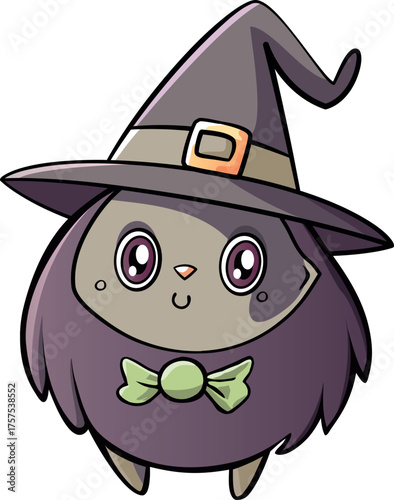 Kind shaggy otherworldly mystical monster with butterfly candy and witch hat