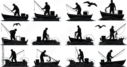 Fishermen silhouette, fishing boat, casting net, maritime scene, ocean waves, fishing rod, birds flying, nautical life, black and white illustration