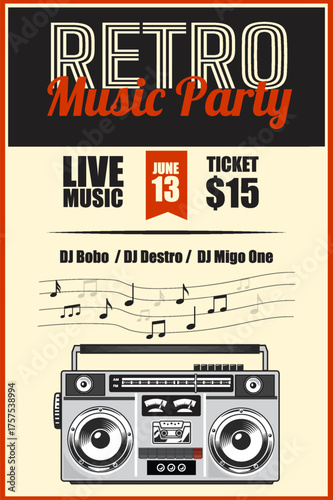 Retro music party flyer with vinyl record and live concert ticket design
