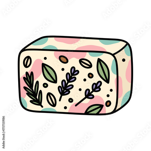 Cute cartoon illustration of natural soap bar with herbs and leaves in spa theme