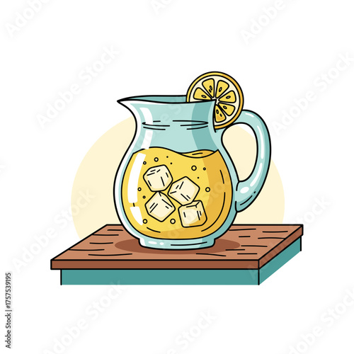 Cute cartoon illustration of lemonade pitcher on summer table with cheerful vibes