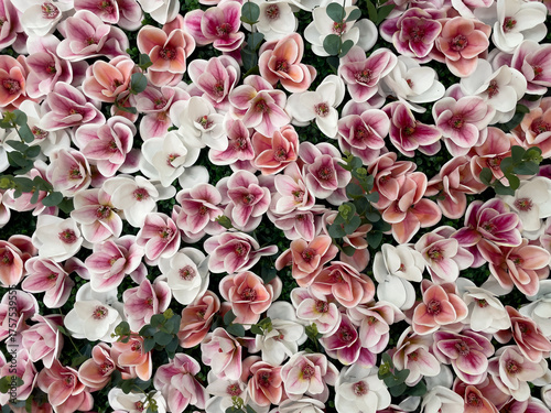 Fototapeta Pink And White Flowers In Bloom Closeup Outdoors At Daytime, Concept Of Natural