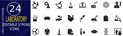 Collection of 24 editable stroke icons representing laboratory and scientific research concepts