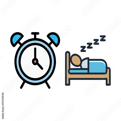 Alarm clock and sleeping person in bed with zzz symbols