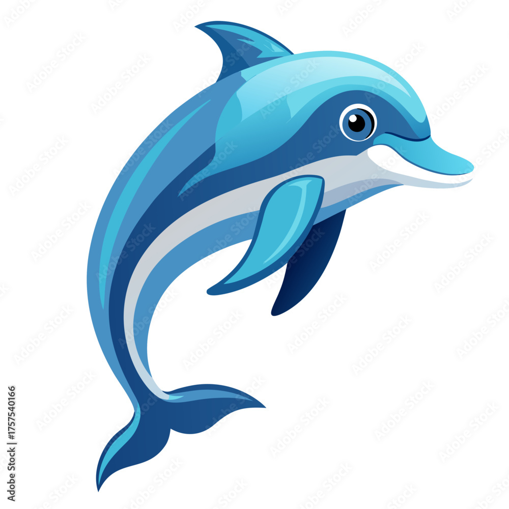 Obraz premium Vibrant blue dolphin illustration joyfully leaping through the water, perfect for educational content, marine life themes, or playful aquatic designs. A cheerful sea creature graphic
