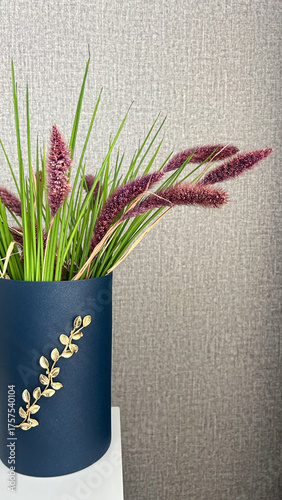 Fotografie Purple Decorative Grass In Dark Blue Vase Indoors, Concept Of Minimalist Home De