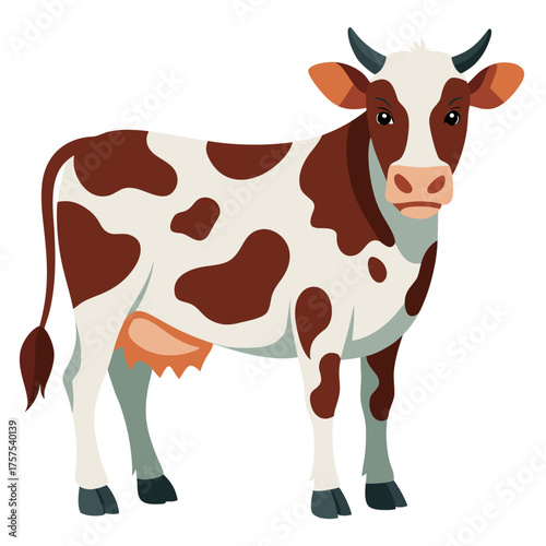 Farm Animal Illustration of a Spotted Brown and White Cow with Horns and Udder
