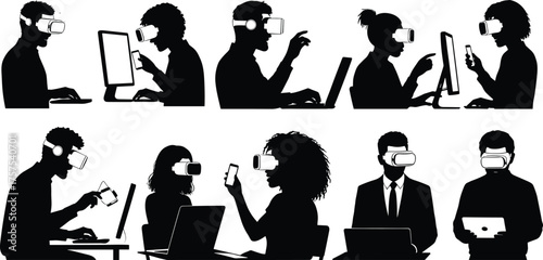 Virtual reality headset users, silhouette illustration, digital interaction, immersive technology, VR devices, futuristic computing, black and white concept art