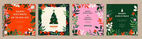 Set of Merry Christmas and Happy New Year background. Greeting and invitation card, web banner, holiday cover, flyer, poster design templates. Modern flat vector illustration.