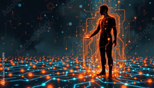 Digital transformation of humanity futuristic sci-fi setting visual art high-tech environment dynamic viewpoint