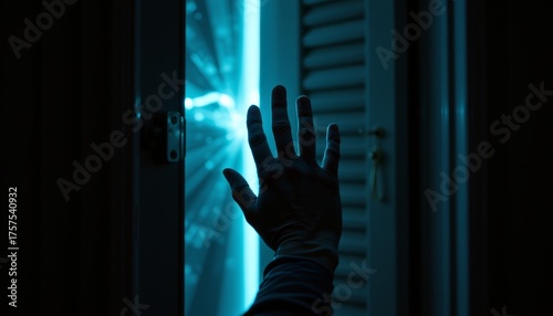 Silhouetted human hand reaches to mysterious light dimly lit room artistic photography enigmatic atmosphere close-up exploration