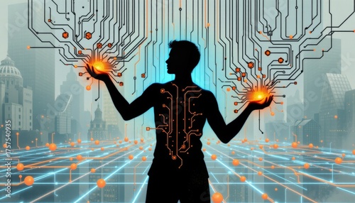 Silhouette of a man holding energy orbs futuristic city digital art tech environment side view innovation concept