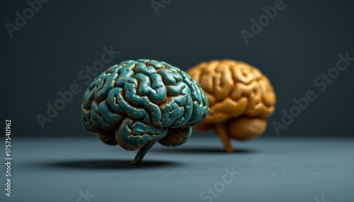 Stylized human brain models in dual display artistic showcase modern environment conceptual viewpoint