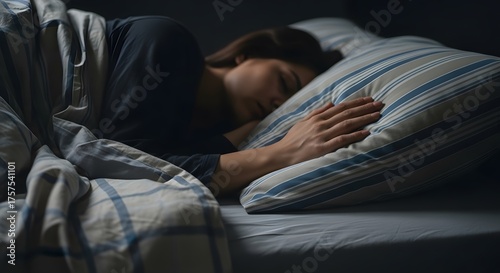 Peaceful Woman Deeply Asleep on Striped Pillow, Enjoying Restful Slumber in the Dark Bedroom