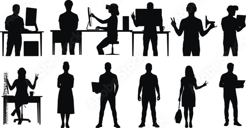 Silhouettes, people, technology, office, virtual reality, laptop, desk, gestures, peace sign, modern work, digital lifestyle, business, casual, diversity, posture, interaction, remote work