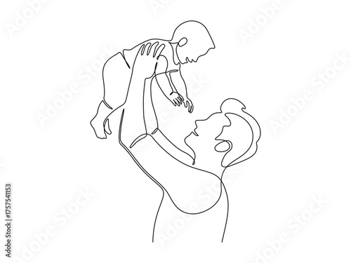 Father and son in one continuous line drawing. Happy dad throws a child into the air in simple linear style. Family and fatherhood concept in editable stroke. Doodle oneline vector illustration