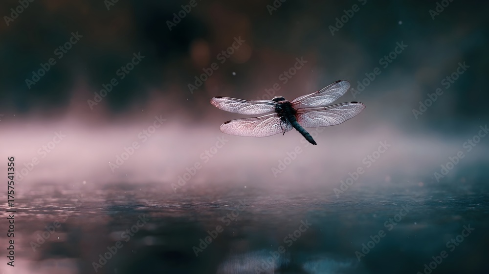 Fototapeta premium A delicate dragonfly hovers in misty air above a serene water surface its iridescent wings catching the soft light