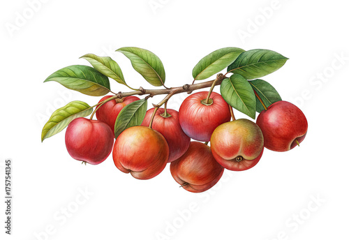 Illustration of a Branch of Crabapples with Green Leaves on Black Background