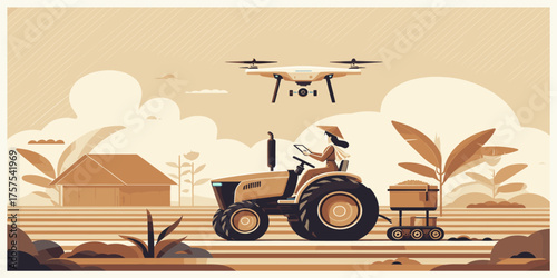 An illustrative depiction of precision agriculture, showcasing a drone monitoring a modern tractor planting seeds in a cultivated field