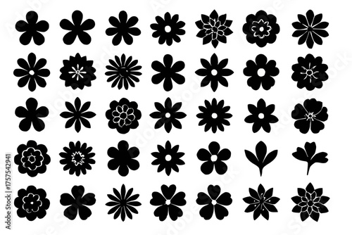 Black Flower Silhouettes in Grid Layout – Botanical Petal Shape Collection