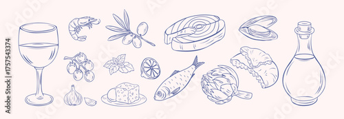 Hand drawn food set with blue line. Sketch of Mediterranean cuisine. Wine, fish, shrimp, olive oil, cheese, vegetables, herbs, pittas, sardines. Coast of Italy, France, Greece, Spain, seafood vintage 