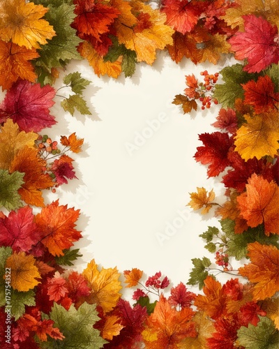 Decorative autumn frame with colorful red orange yellow and green leaves and berries arranged around blank center on light background