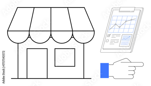 Storefront outlined with a striped awning beside a data chart and pointing hand indicating analysis. Ideal for business, entrepreneurship, growth strategy, analytics, decision-making, retail, small