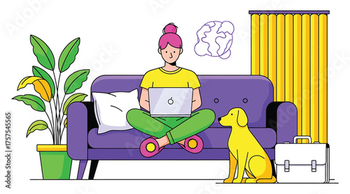Vector art of a woman with pink hair sits crosslegged on a purple couch, working on her laptop with a dog and a plant nearby, creating a cozy and productive atmosphere at home