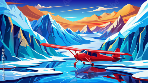 Very beautiful red plane landing on a glacier in Denali National Park, Alaska, USA, during a winter expedition, showcasing the vibrant aircraft against a backdrop of snow-covered mountains and icy ter