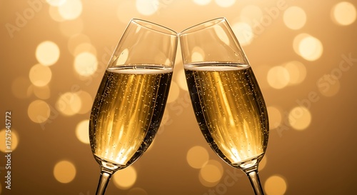 Two champagne glasses clinking in a celebratory toast, filled with sparkling golden bubbles, against a festive bokeh background symbolizing celebration, luxury, and special occasions