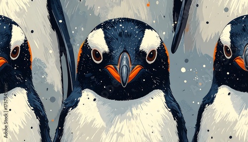 Close-up artistic portrayal of several penguins with dark blue heads