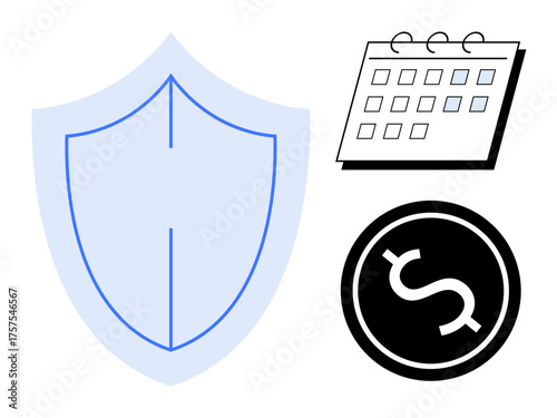 Blue shield, black dollar sign, and calendar emphasize protection, financial stability, and strategy. Ideal for insurance, savings, budgeting investment scheduling risk management. Simple flat