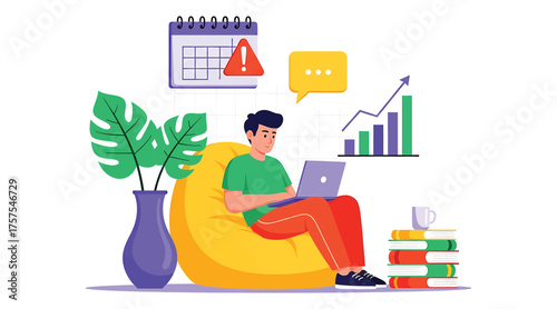 Vector art of man working on laptop while sitting on beanbag, illustrating modern work lifestyle and time management challenges