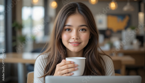 Asian woman sitting at a table in a cozy cafe, holding a white cup, smiling warmly while working on a laptop, creating a relaxed and inviting atmosphere for productivity