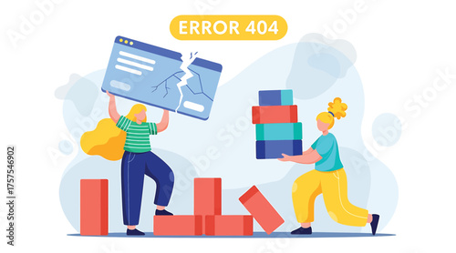 Vector art of two people are trying to fix a website error, one is holding a broken screen and the other is holding a stack of boxes
